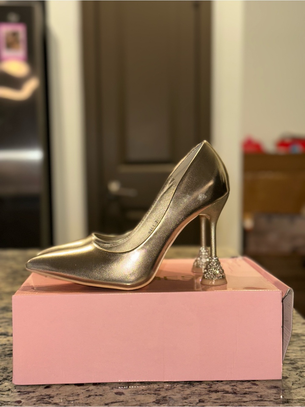 Gold Metallic High Heel Pumps with Embellished Heel